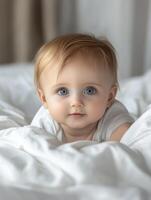 A baby with blue eyes laying on a bed photo