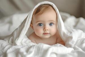 A baby with blue eyes is under a blanket photo