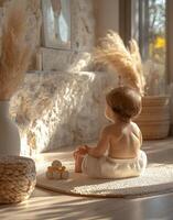 A baby sitting on a rug in front of a window photo