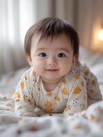 A baby smiling on a bed photo