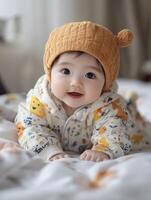 A baby wearing a hat and smiling on a bed photo