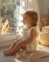 A little girl sitting on the floor looking out the window photo