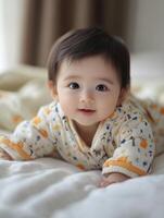 A baby in a yellow and orange pajamas laying on a bed photo