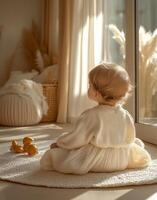 A baby sitting on a rug looking out the window photo