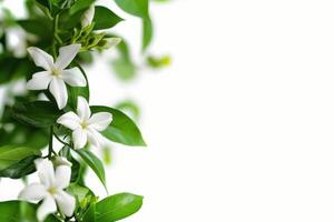 White flowers on a branch with green leaves photo