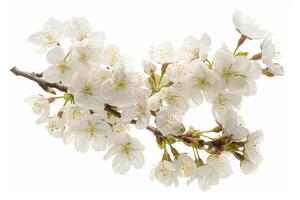 A branch of white flowers is shown on a white background photo