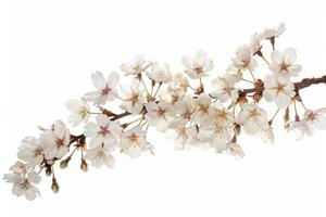 A branch of white flowers is shown on a white background photo