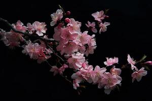 A branch of pink cherry blossoms against a black background photo
