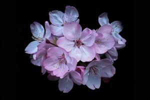 A bunch of pink flowers are shown on a black background photo