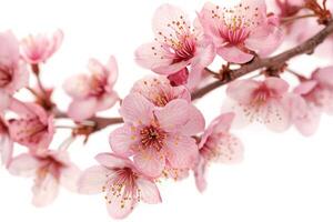 A branch of pink flowers is shown on a white background photo