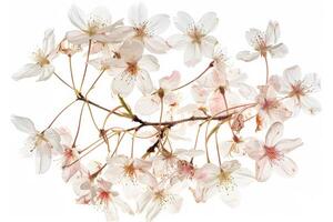 A branch of cherry blossoms is shown against a white background photo