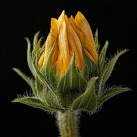 A yellow sunflower bud on a black background photo
