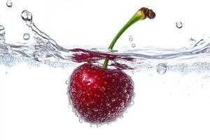 A cherry is floating in water with bubbles photo