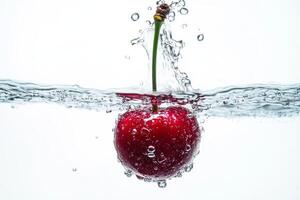 A cherry is falling into water with water splashing photo
