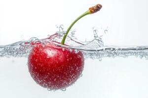 A cherry is falling into water with bubbles photo