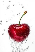A red cherry is being splashed with water photo