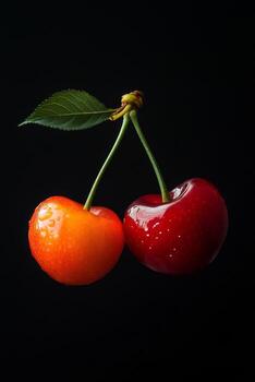 Two cherries with leaves on a black background photo