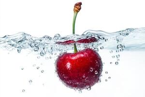 A red cherry is floating in water with bubbles photo