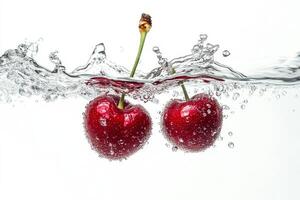 Two cherries are splashing into the water photo