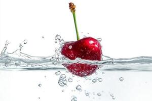 A cherry is falling into water with bubbles photo