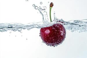 A cherry is falling into water with bubbles photo