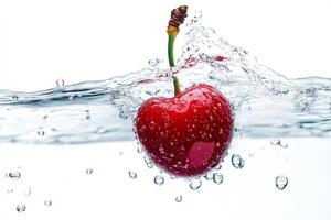 A cherry is falling into water with bubbles photo