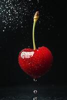 A cherry falling into water with drops photo