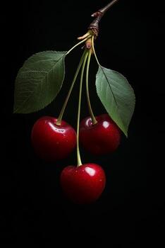 Three cherries are hanging from a branch photo