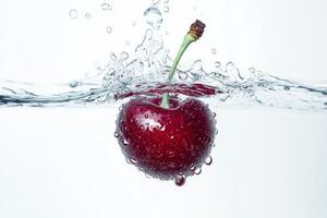 A cherry is falling into water with water splashing photo
