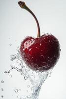 A cherry is being splashed with water photo