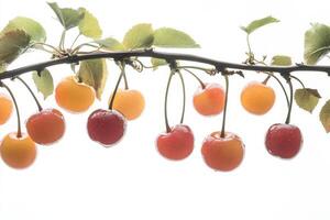 Cherries hanging from a branch photo