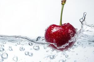 A cherry is floating in water with bubbles photo