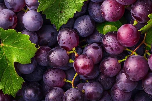 A close up of a bunch of grapes with leaves photo