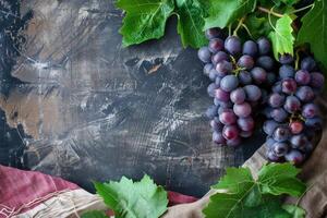 Grapes on a wooden table with a cloth and a red cloth photo