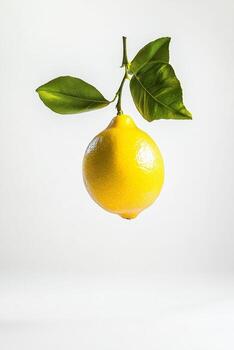 A lemon hanging from a branch on a white background photo