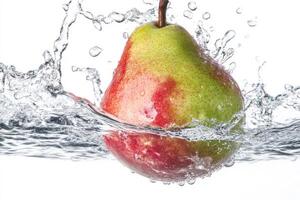 A pear is splashing in water on a white background photo