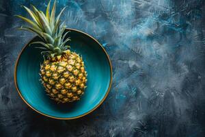 Pineapple on blue table top view photo