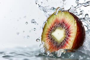 A kiwi fruit is splashing in water photo