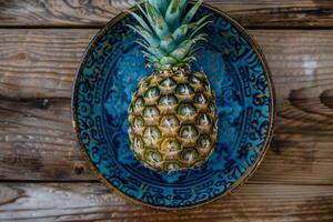 A pineapple is sitting on a blue plate on a wooden table photo