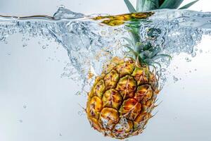 A pineapple is being splashed into the water photo