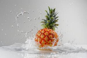A pineapple is splashing water on a white background photo