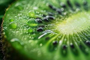A close up of a kiwi fruit with water droplets photo