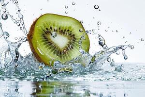 A kiwi fruit is splashing in water photo