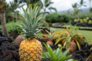 A pineapple growing in a field of black lava rocks photo