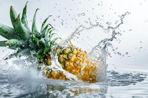 A pineapple is splashing water on a white background photo