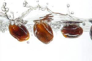 Dates falling into water on a white background photo
