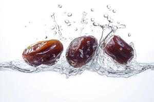 Three dates falling into water on a white background photo