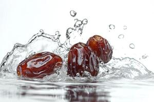 Dates falling into water on a white background photo
