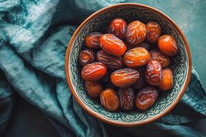 Dates in a bowl on a blue cloth photo