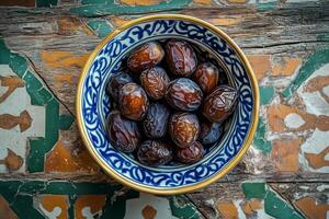 A bowl of dates on a table photo